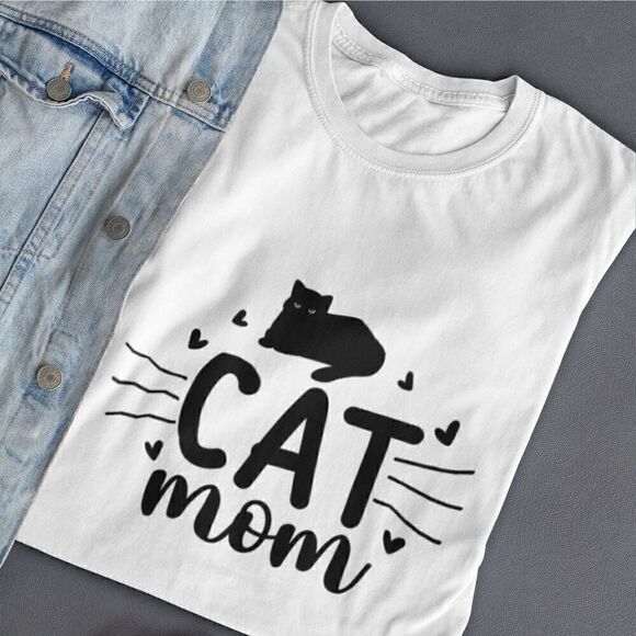 Cat Mom Printed White T-Shirt Cat Desing and Whiskers Ideal for Cat Lovers - Picture 4 of 11